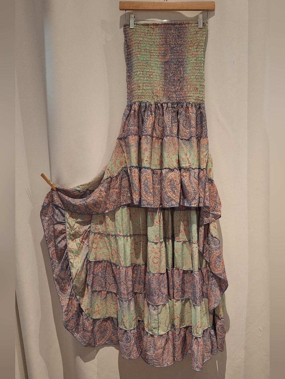 Boho Tiered Strapless Silk Blend High Low Skirt - Mint & Paisley
